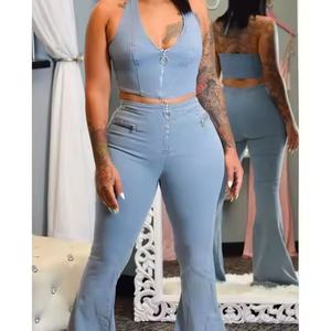 Conjunto de Verano al Por Mayor a Bajo Precio para Mujer, Top Corto Sexy de Mezclilla, Jeans de Cintura Alta, Conjuntos de Moda con Top Corto para Mujer - Product Image 5