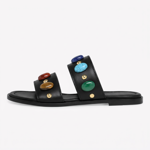 Sandali piatti marroni bohémien da donna, ciabatte <span class=keywords><strong>con</strong></span> <span class=keywords><strong>borchie</strong></span> di pietre preziose colorate, calzature in pelle alla moda per le vacanze - Product Image 6
