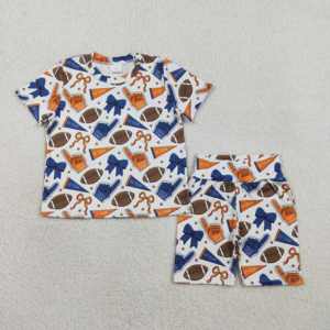 GSSO2722 RTS Ensemble de vêtements d'été pour petite fille, motif football, nœuds orange et bleu marine, vente en gros - Product Image 1
