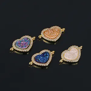 Vente en gros de zircon plaqué or micro-pavé cristal de guérison naturelle quartz druzy coeur breloques connecteur composants de résultats de bijoux