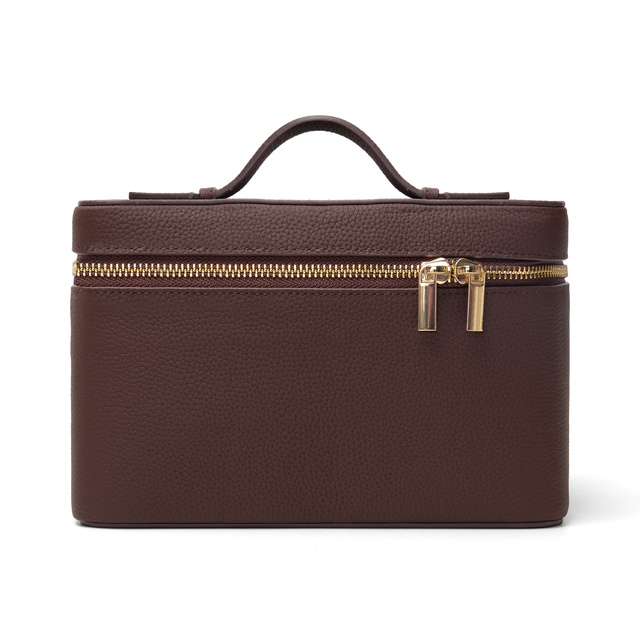 Advanced Dark Brown Chocolate Color Togo PU Leather Makeup Bag Handheld Portable Toiletry Bag Inside Suede Woman Cosmetic Bag