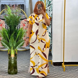 Abiti Estivi Alla Moda per Donne Taglie Forti, Elegante <span class=keywords><strong>Vestito</strong></span> Lungo Casual con Colletto Alto, Maniche Corte e Spacco, Abito Camicia Stampato - Product Image 5