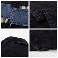 Chemise à manches courtes vintage en patchwork délavé à l'acide, chemise oversize en jean à carreaux avec ourlet brut, style streetwear vieilli