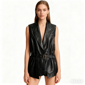Women's Black Patent <strong>Leather</strong> <strong>Blazer</strong> Collar Vest <strong>Jacket</strong> - Fashionable Versatile Outerwear for Daily &amp; Office Wear - Product Image 3