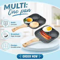 Poêle à crêpes antiadhésive en fonte de 4 tasses avec manche en bois, induction au gaz, omelettes pour petit-déjeuner pochées.
