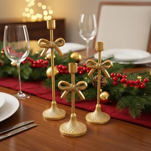 طقم من 3 حاملات شموع ذهبية على شكل ربطة عنق من الحديد الزهر، ديكور طاولة طعام جميل، هدية لعيد الحب وعيد الميلاد وعيد الفصح - Product Image 1