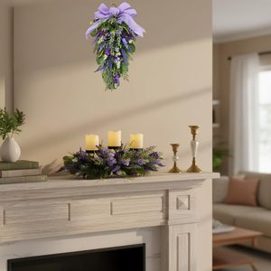 Centro de Mesa Rústico con Portavelas de Lavanda de 26 Pulgadas, Decoración Floral para Mesa con 3 Portavelas para Velas de <span class=keywords><strong>Pilar</strong></span> - Product Image 6