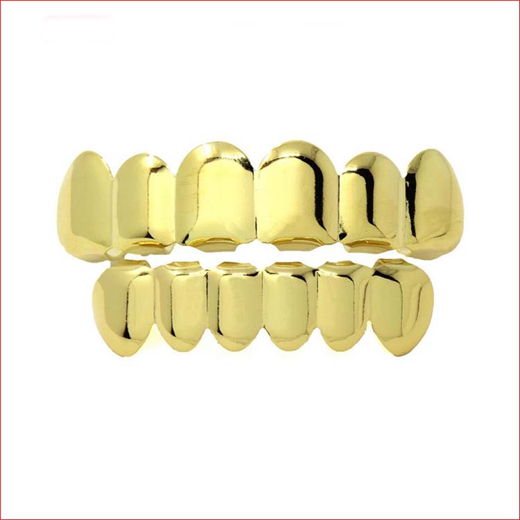 High Quality 18k Gold Plated Hiphop Teeth Grillz Top and Bottom Grillz Gold Brass Grillz Halloween Jewelry Spot Wholesale