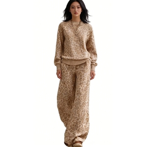 Women's Leopard Print <b>Knit</b> 2 Piece <b>Set</b> - Crew Neck Sweatshirt & Wide-Leg Pants Fashion - Product Image 3