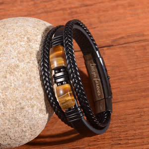 Tiger's Eye <b>Leather</b> <b>Bracelet</b> Multi Layer Cord Magnetic Clasp Men's Jewelry Gift Adjustable Fashion Accessory - Product Image 1