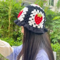 SOLPOP Bonnet en crochet fait main pour femme, motif fraise patchwork, style pêcheur, pour l'extérieur, hiver et été