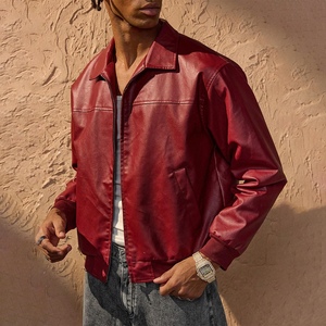 Blouson vintage de motard <span class=keywords><strong>en</strong></span> <span class=keywords><strong>cuir</strong></span> d'agneau véritable rouge à fermeture éclair avec logo personnalisé de haute qualité pour hommes - Product Image 1