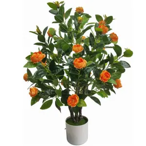 संतरे के फूलों और हरी पत्तियों के साथ कृत्रिम कैमेलिया पेड़ का पुष्प पौधा, रखरखाव कार्यालय गृह पोर्च सजावट गृहप्रवेश उपहार