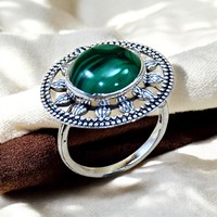 Bague de créateur en argent sterling 925 avec malachite, forme ronde, pierres précieuses naturelles, style décontracté, pour anniversaire ou mariage