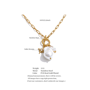 JINYOU 7702 <span class=keywords><strong>Collana</strong></span> con Ciondolo <span class=keywords><strong>di</strong></span> <span class=keywords><strong>Perle</strong></span> Barocche Simulate Vintage Irregolari, Catena in Acciaio Inossidabile Placcato Oro Vero PVD - Product Image 6