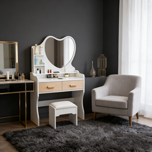 Mesa <span class=keywords><strong>de</strong></span> <span class=keywords><strong>Maquillaje</strong></span> en Forma <span class=keywords><strong>de</strong></span> Corazón en Oferta, con 2 Cajones <span class=keywords><strong>de</strong></span> Almacenamiento y Taburete, para Dormitorio o Apartamento <span class=keywords><strong>Pequeño</strong></span> - Product Image 3