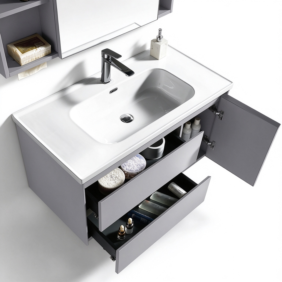 Minimalist Aluminum Bathroom Vanity with Smart Mirror & Ceramic Basin ...
