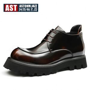 Bottes en cuir véritable faites à la main pour hommes, rehaussées de 4,5 cm, style britannique haut de gamme, à semelle épaisse, en cuir de vachette, tendance - Product Image 6