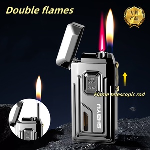 Briquet à gaz butane double flamme coupe-vent à jet rouge et peut prolonger le briquet à flamme douce - Product Image 2