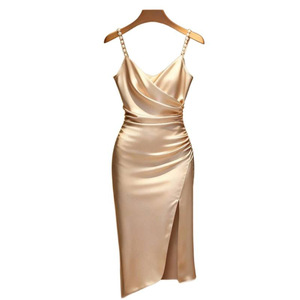 Abito da Donna Nuovo Elegante Monocolore <span class=keywords><strong>con</strong></span> Scollo Incrociato, Dettaglio Perle, Spacco, Vita Definita e Bottoni, Lunghezza Metà Polpaccio <span class=keywords><strong>con</strong></span> Cinturino - Product Image 5