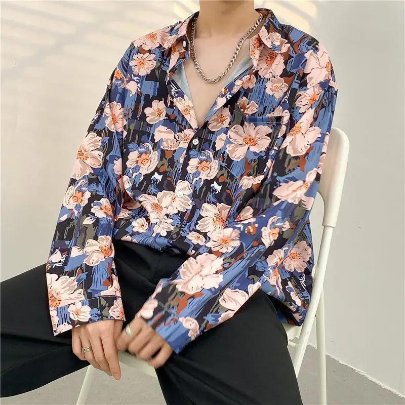 Camicetta da uomo con stampa floreale rosa blu a maniche lunghe camicia estiva da uomo camicetta casual