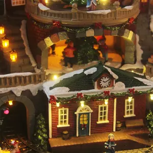 Christmas Decoration LED Animated Train Station Resin Musical Christmas Village House With Rotating Xmas Tree