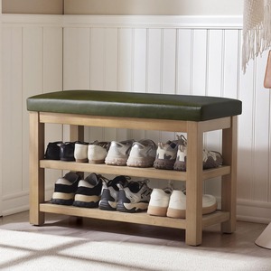 Banc en bois <span class=keywords><strong>avec</strong></span> coussin et tiroir dissimulé, meuble <span class=keywords><strong>d</strong></span>'<span class=keywords><strong>entrée</strong></span> à 2 niveaux <span class=keywords><strong>avec</strong></span> coussin, étagère à chaussures en bois massif de style mid-century, mobilier moderne pour la maison - Product Image 3