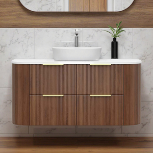 Meuble-lavabo de salle de bain moderne avec tiroirs, design circulaire, en bois de chêne brun, tendance 2026, personnalisable, tailles sur mesure - Product Image 3