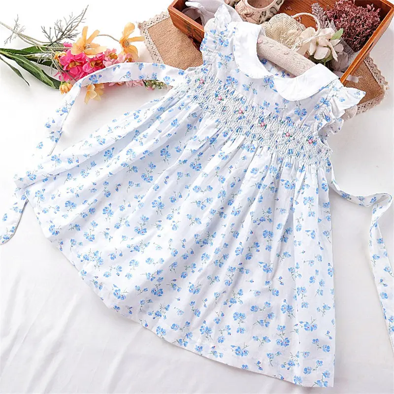 2024 Thiết Kế Mới Bé Cô Gái Mùa Hè Handmade Smocked Ăn Mặc Trẻ Em Cô Gái Cotton Thêu Hoa Công Chúa Ăn Mặc Cho 2-8 Năm Cô Gái