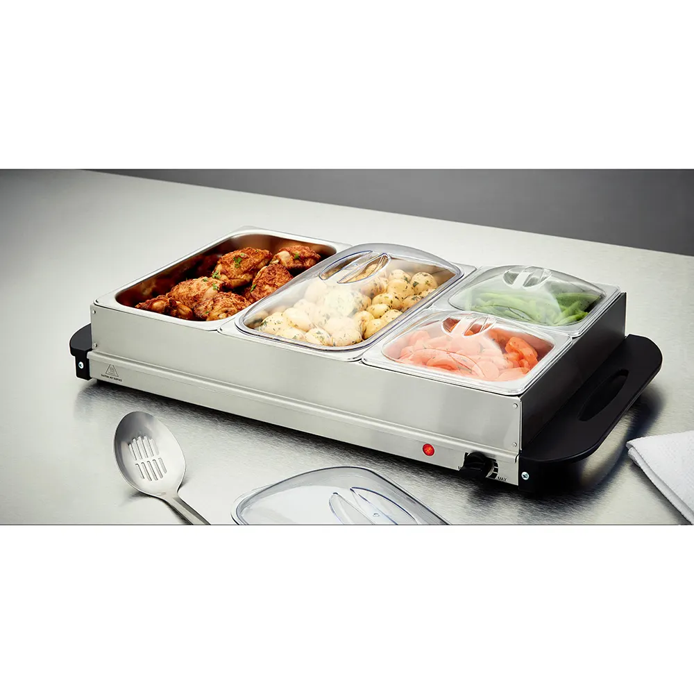 Venta al por mayor moderno eléctrico de acero inoxidable platos de frotamiento Hotpot Buffet mantener la comida caliente plato bandeja Set Hotel para fiestas de buffet