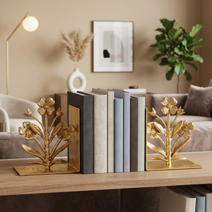 AK Brass Floral Design Metal <b>Bookends</b> Set of 2 Brass Finish Decorative Book Holders for Home Decor Library Shelf Office Decor - Product Image 2