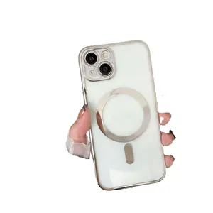 Penjualan terlaris dilapisi desain transparan dengan logam cincin pengisian magnetik fungsi casing ponsel untuk iPhone 15 pro max