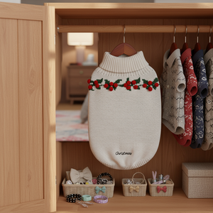 Sweater Hewan Peliharaan Gaya Natal Rajutan Sweater Anjing Kucing Pola 3D EMB Holly Red Berry Ramah Lingkungan untuk Pesta Liburan Natal - Product Image 4