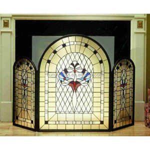 Écran de cheminée en vitrail, 3 panneaux, design baroque, décoration traditionnelle, couleur bleue, forme rectangulaire, décoration artistique, 110*70CM - Product Image 5
