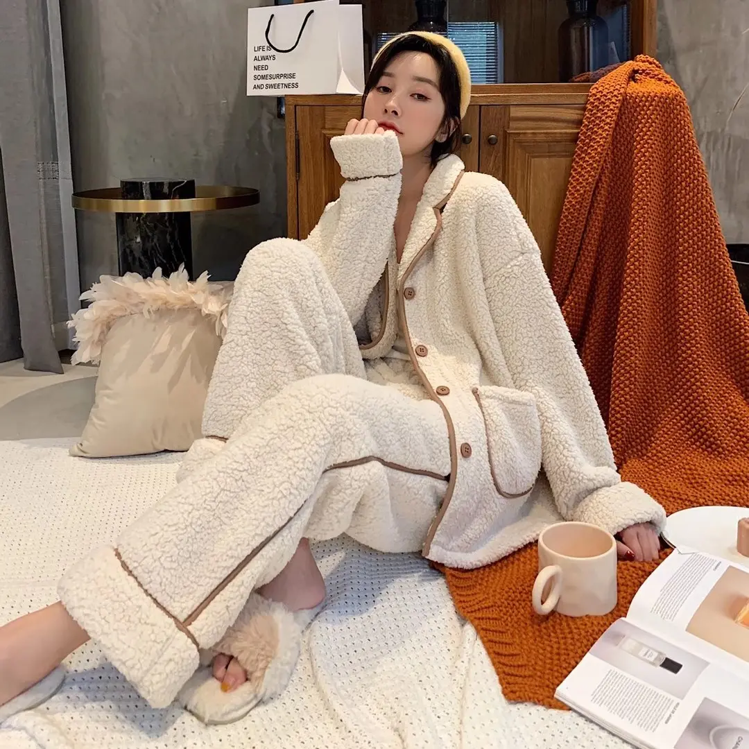 New Elegant Winter Pajamas Lady's Thick Coral Fleece Sleepwear Two Piece Pyjama Set Women Warm Home Clothes Lamb Wool Nightwear