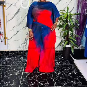 Ensemble 2 pièces décontracté pour femmes africaines, taille plus, nouveau style, imprimé, haut irrégulier plissé et pantalon long, tendance - Product Image 2