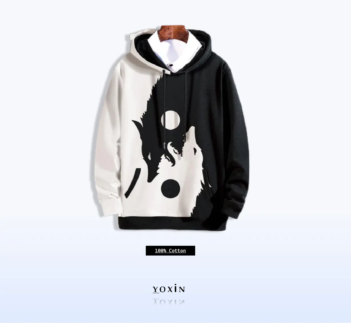 Spring and Autumn Trendy Men's Hoodie Yin-Yang Black and White Double Hooded Top with 3D Printed Wolf Head Loose Design