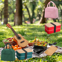 Couvercle de boîte à bento Design minimaliste Boîtes à lunch pour étudiants avec ensemble de couverts Double couche PP avec bacs carrés en plastique en bois Double niveau