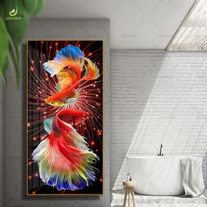 Peinture sur toile HD de luxe imprimée pour la décoration intérieure, style Art Déco, art mural en porcelaine cristalline Koi avec éclairage LED, représentant un animal - Product Image 3