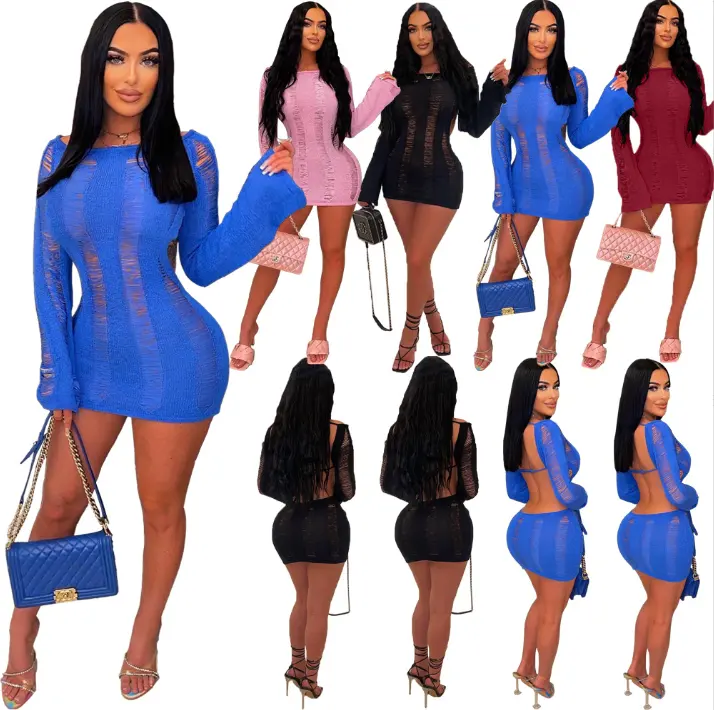 Knit Ripped mini dress spring women clothing 2023 sexy night club long sleeve blue cut out backless knitted bodycon dresses