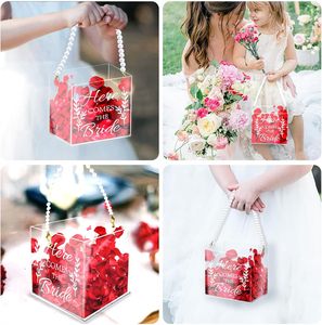Paniers de fille de fleur en forme de rectangle en acrylique clair poignée de perle <span class=keywords><strong>organisateur</strong></span> de <span class=keywords><strong>bureau</strong></span> élégant pour les mariages thème 'Here Comes Bride' - Product Image 5