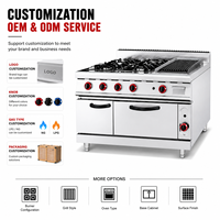 Cuisinière à gaz commerciale 4 brûleurs avec gril à pierres de lave et four, équipement de cuisine professionnel en acier inoxydable