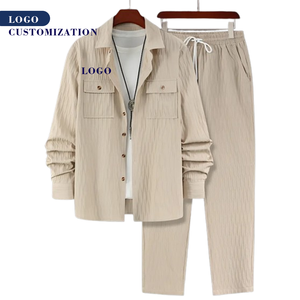 Custom Logo Textured Long Sleeve Men's Clothing Two-Piece Outfit Button <strong>Down</strong> Shirt and <strong>Pants</strong> Men's Casual Suit - Product Image 1