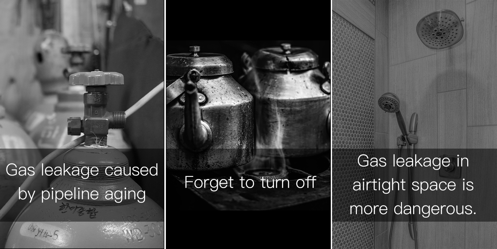 Gas leakage causedby pipeline aging Forget to turn off Gas leakage in airtight space is more dangerous