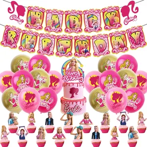 Ba * bie مستلزمات حفلات عيد ميلاد الأميرة للفتيات تشمل لافتة كعكة عيد ميلاد سعيد Topper بالونات اللاتكس الوردية A3236