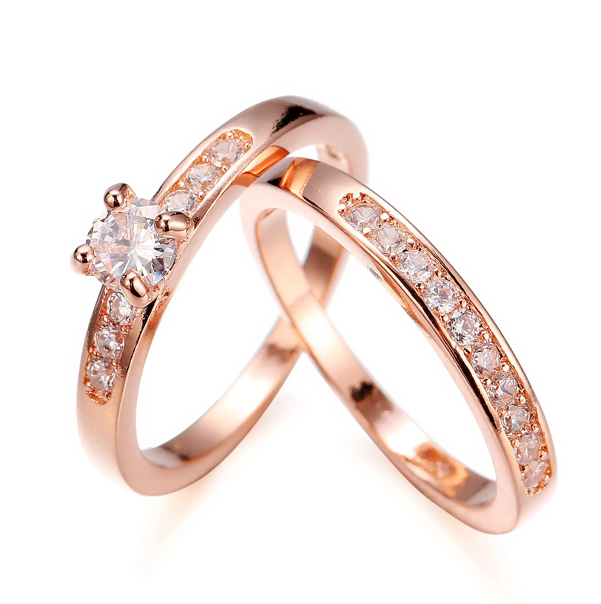 Amazon Hot Selling Rose Gold Plated Zircon Couple Ring Set Wedding Band Crystal Diamond Rings Fashion Jewelry