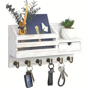 Wood Grain Wall Mounted Key Rack With <b>Hooks</b> Entryway Storage Organizer For Home Mail And Keys - Product Image 2