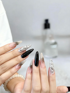 <span class=keywords><strong>Uñas</strong></span> Postizas <span class=keywords><strong>Negras</strong></span> Color Nude con Diseño de Estrella y Diamantes de Imitación, <span class=keywords><strong>Uñas</strong></span> Artificiales Elegantes Hechas a Mano para Mujer - Product Image 5