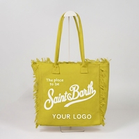 Sac fourre-tout en toile beige contemporain avec logo personnalisé et bordure à franges effilochées, sac à main décontracté pour la plage, l'école et le bureau