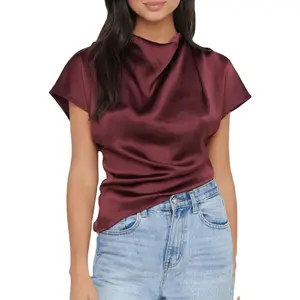 Custom Women Chic Style Solid Color High Cowl Neck Front Pleated Back Neck Key Hole Opening Short Sleeves Satin Cropped Blouse